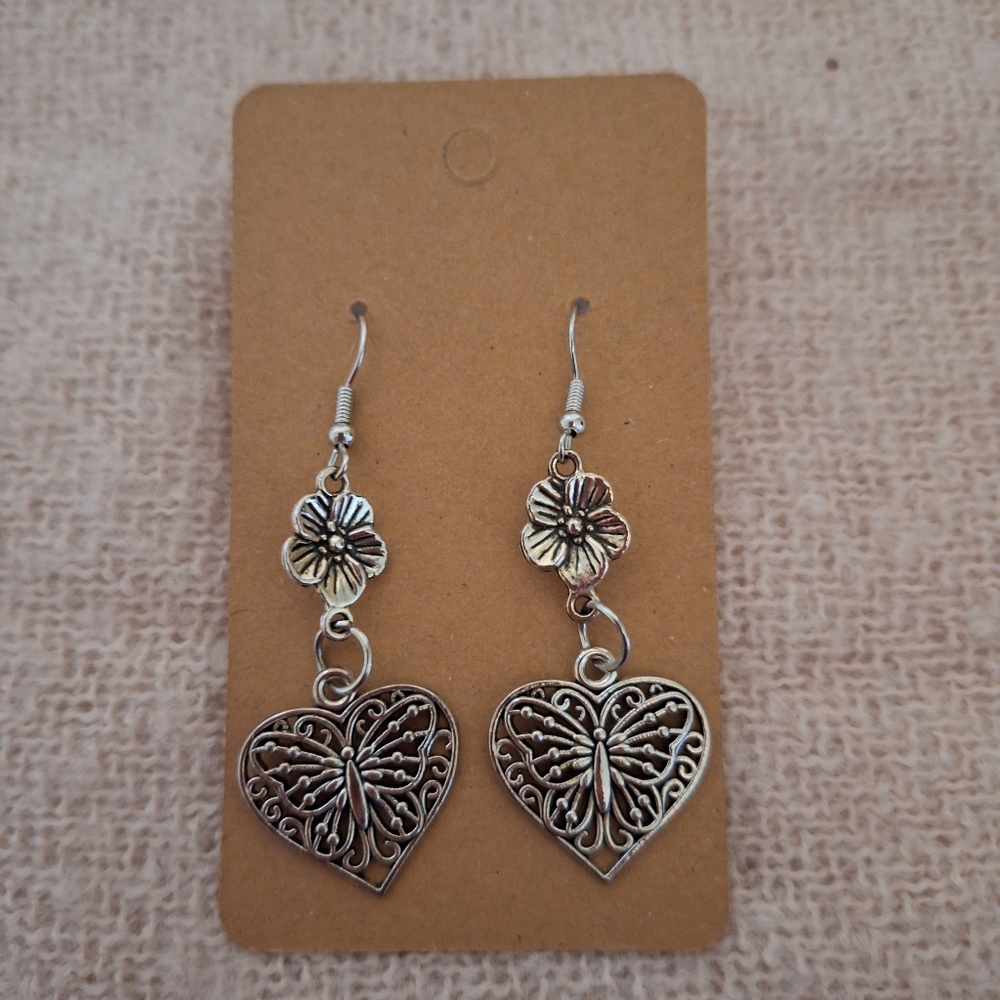 Silver Heart and Flower Dangle Earrings